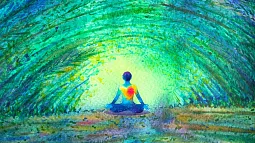 image of an artistic drawing of a person sitting in a yoga pose in front of a colorful green hue wall
